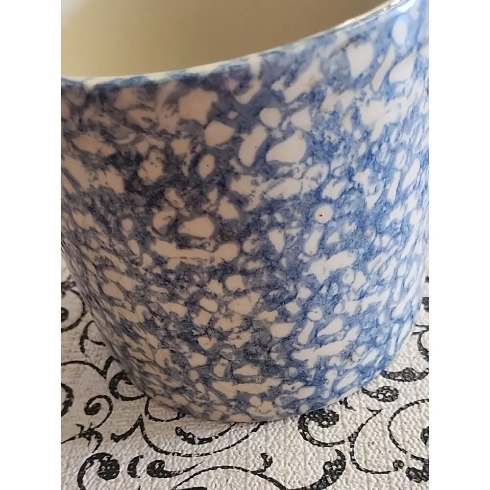 Blue and White Spongeware Canister with Wooden Lid